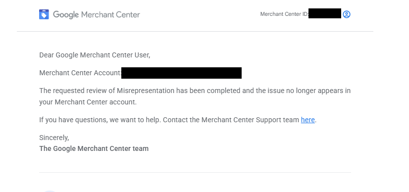 Google Merchant Center approval email — misrepresentation review completed, issue no longer appears
