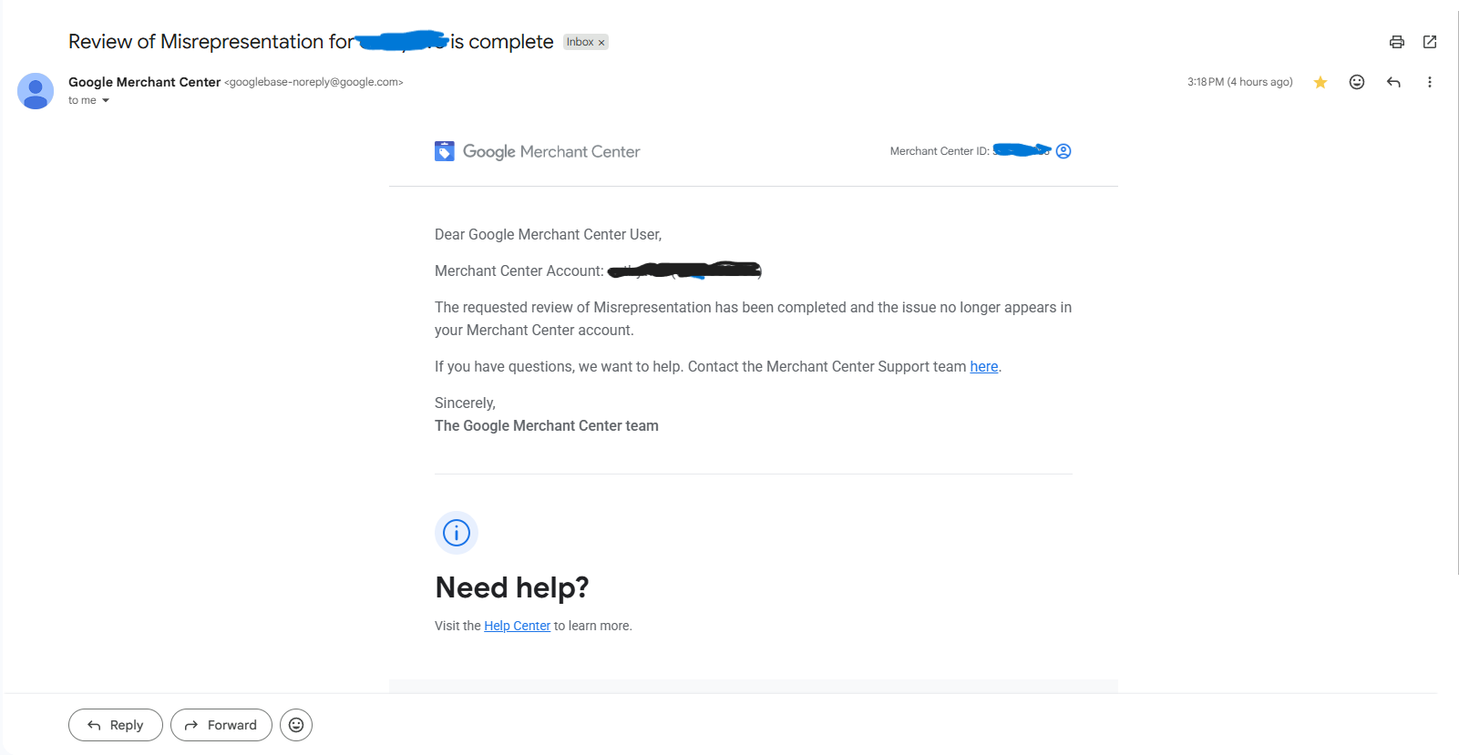 Google Merchant Center approval email in Gmail inbox — review of misrepresentation is complete