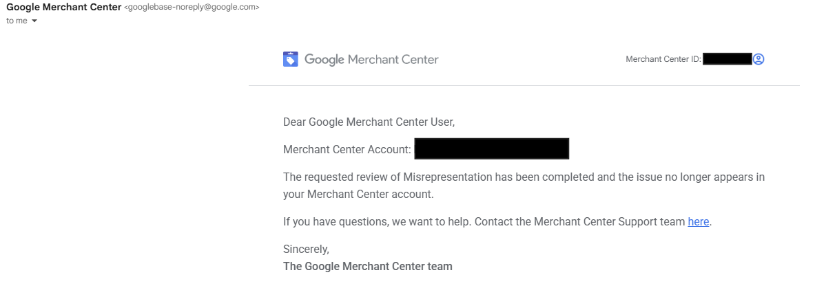 Google Merchant Center approval email — misrepresentation issue resolved
